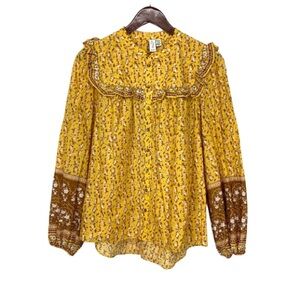 Joie Mustard Yellow & Brown Cotton Boho Ruffle Puff Sleeve Button Up Blouse New